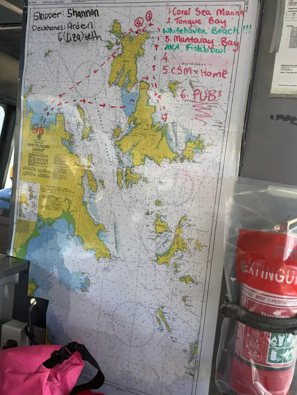 Navigation chart with handwritten notes and route markings