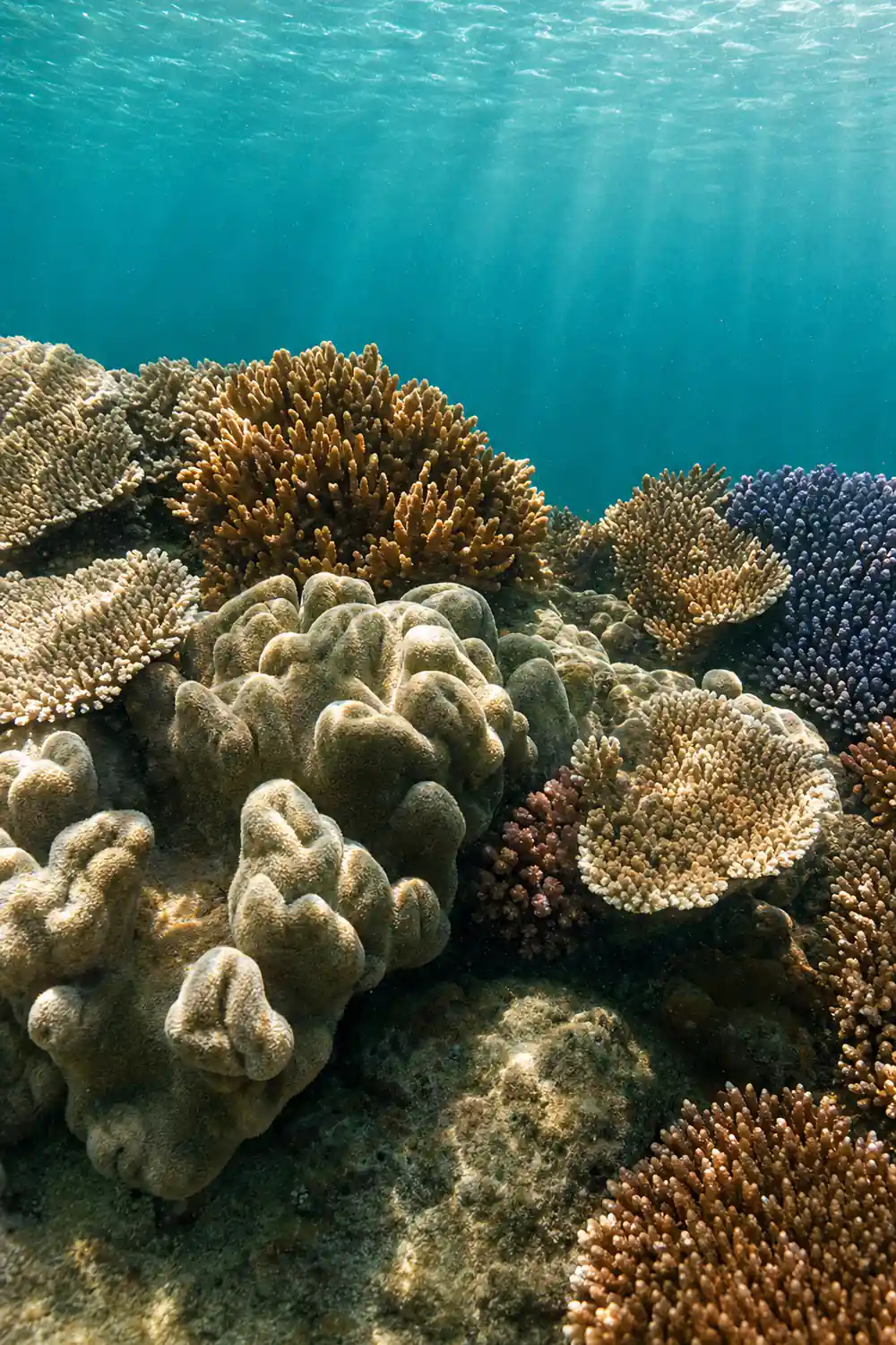 Underwater coral formations with small fish swimming
