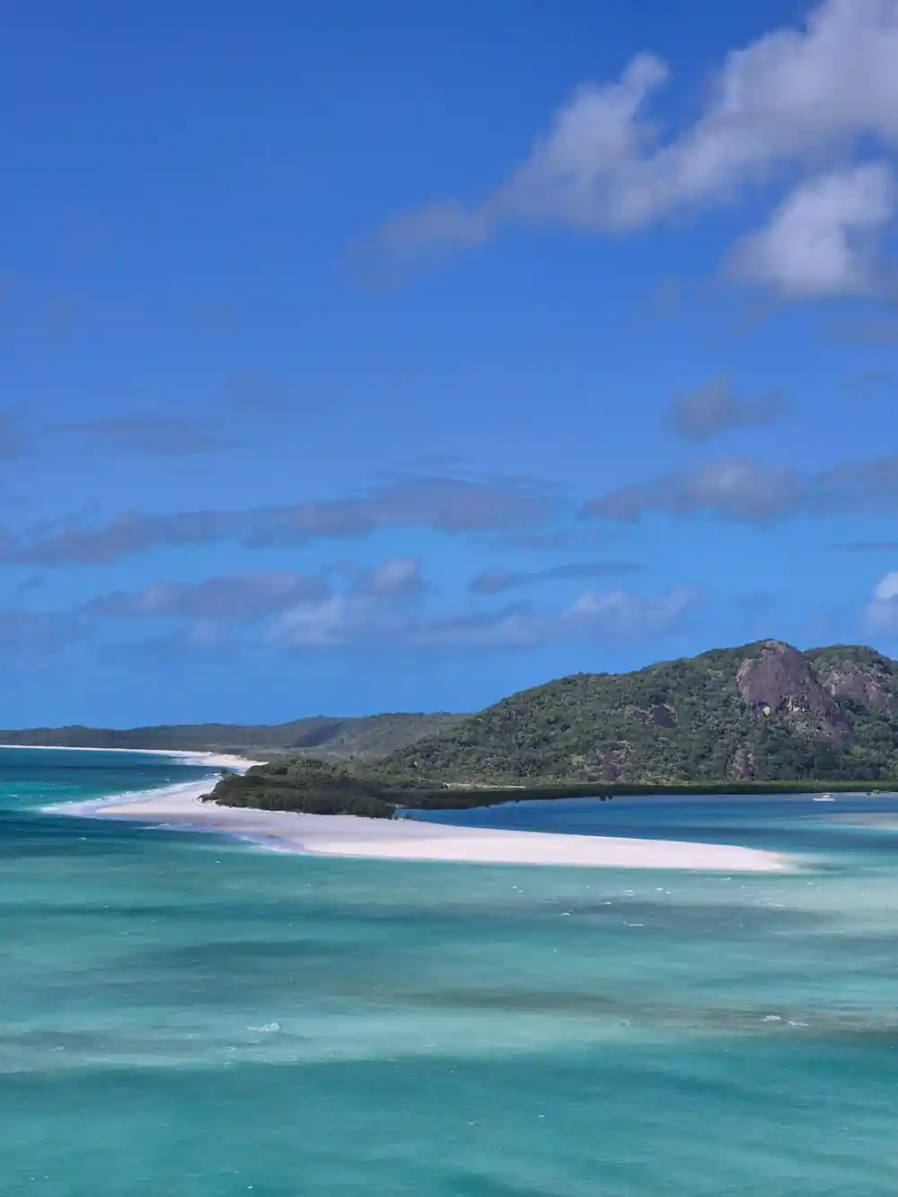 White sandy beach on forested island in turquoise water